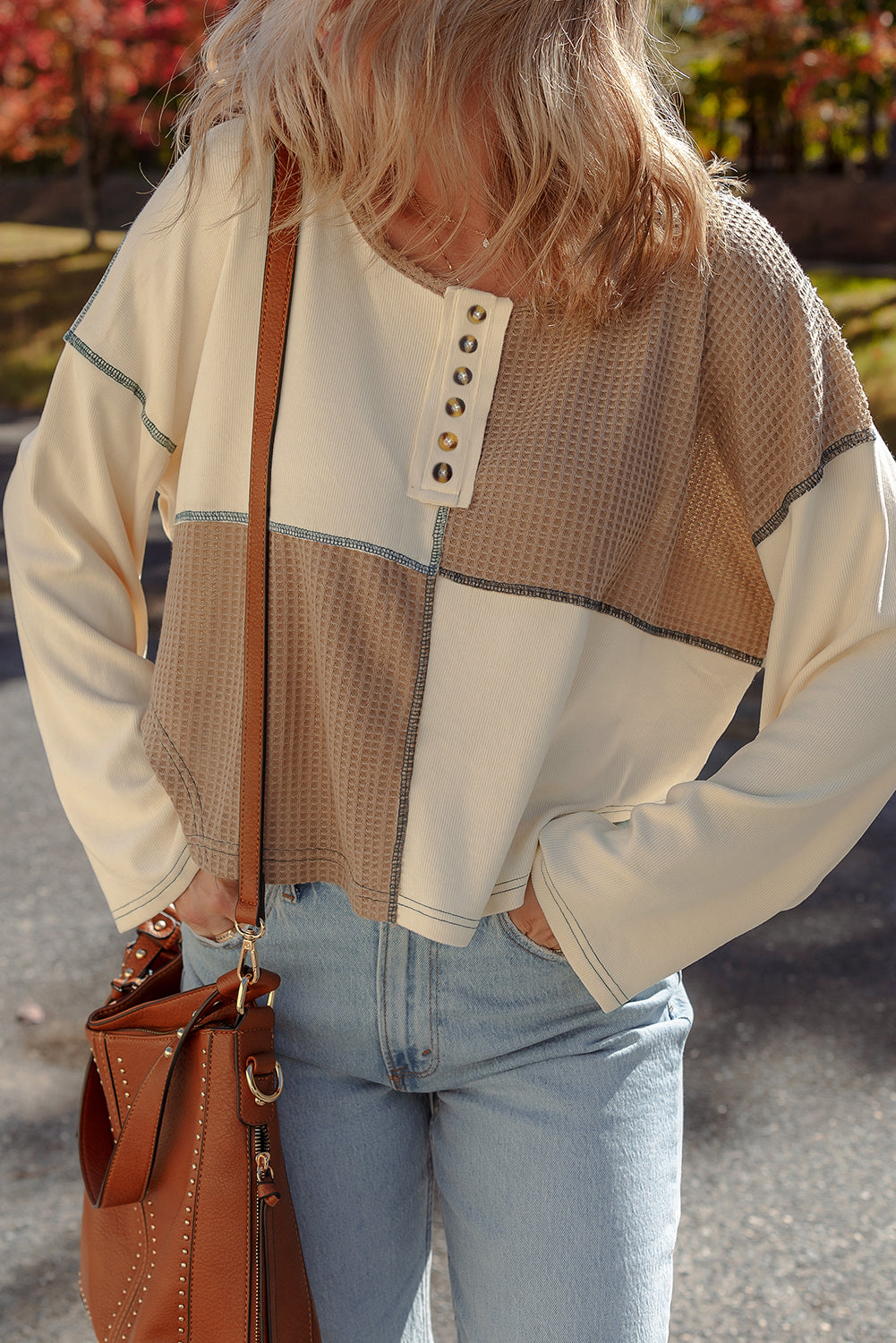 Color Block Waffle Knit Stitch Detail Long Sleeve Top