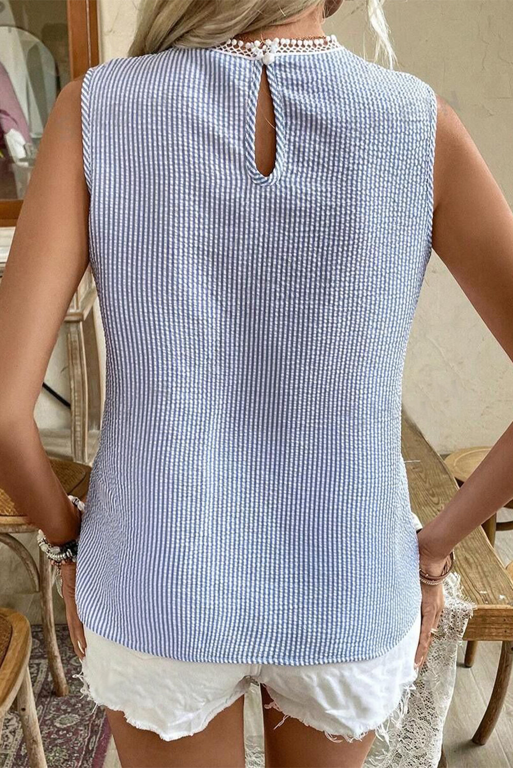 Stripe Lace Patchwork Crew Neck Tank Top
