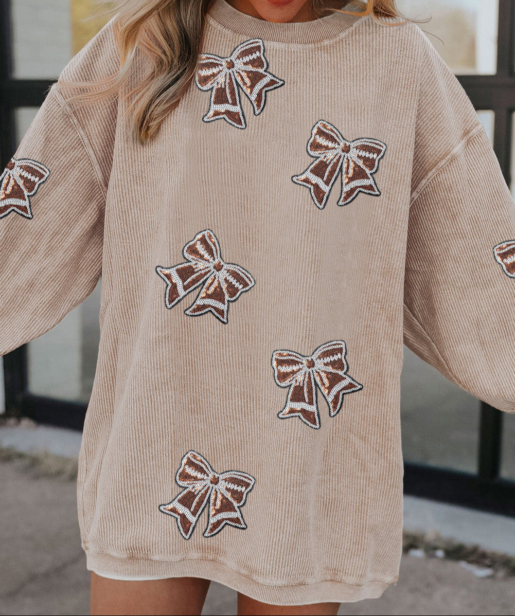 Oversize Sequin Bow Patched Corded Sweatshirt