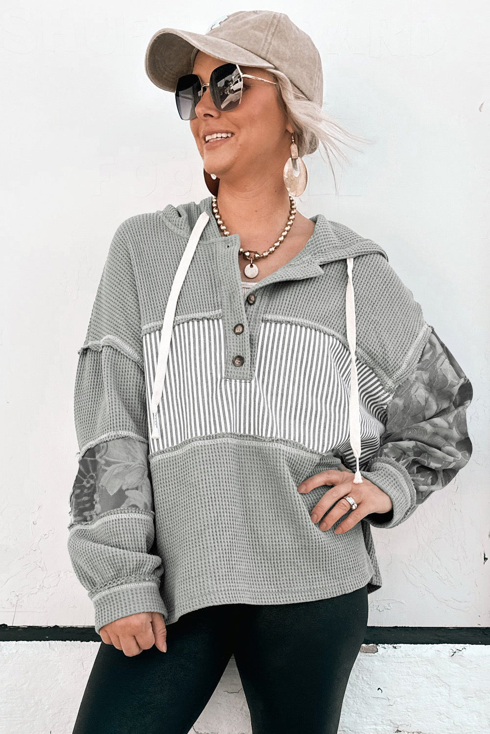 Waffle Printed Patchwork Drawstring Hooded Long Sleeve Top