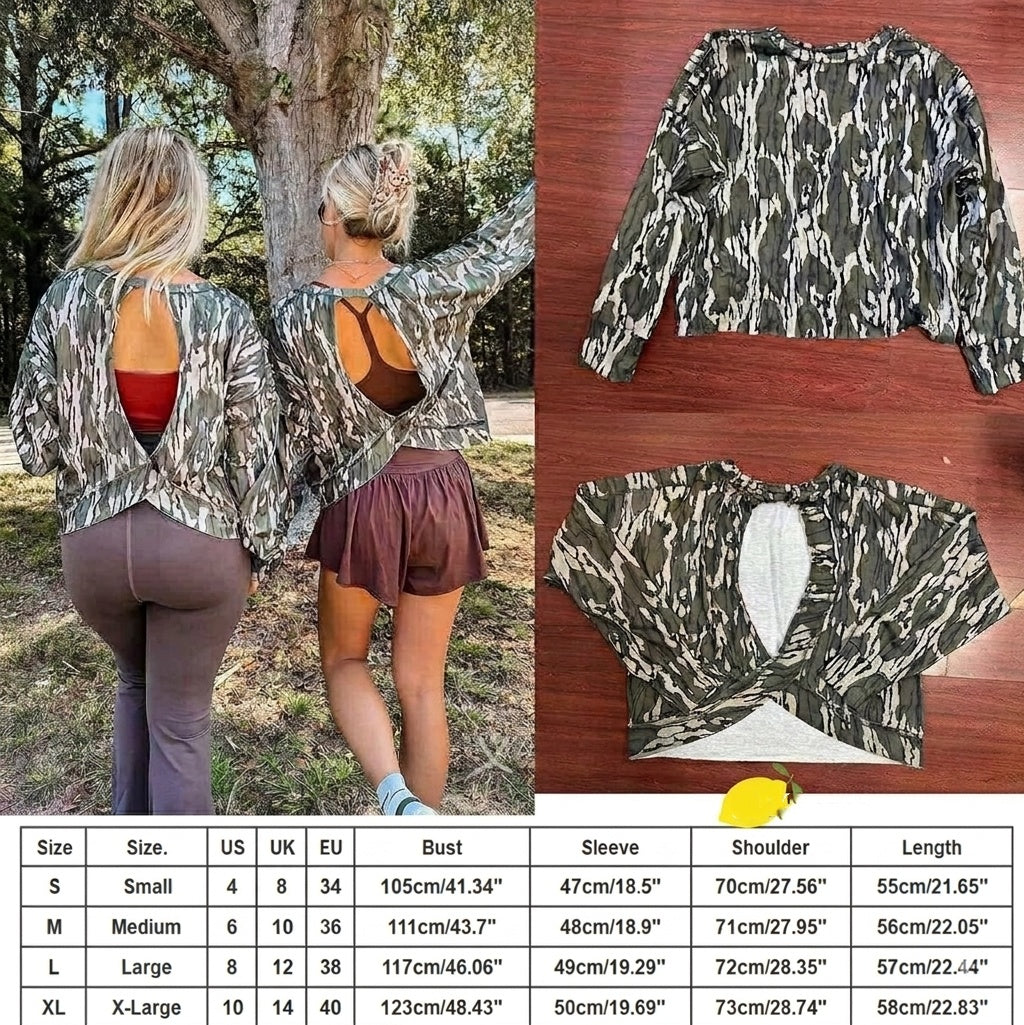 Camo Open-Back Cross Long Sleeve Top