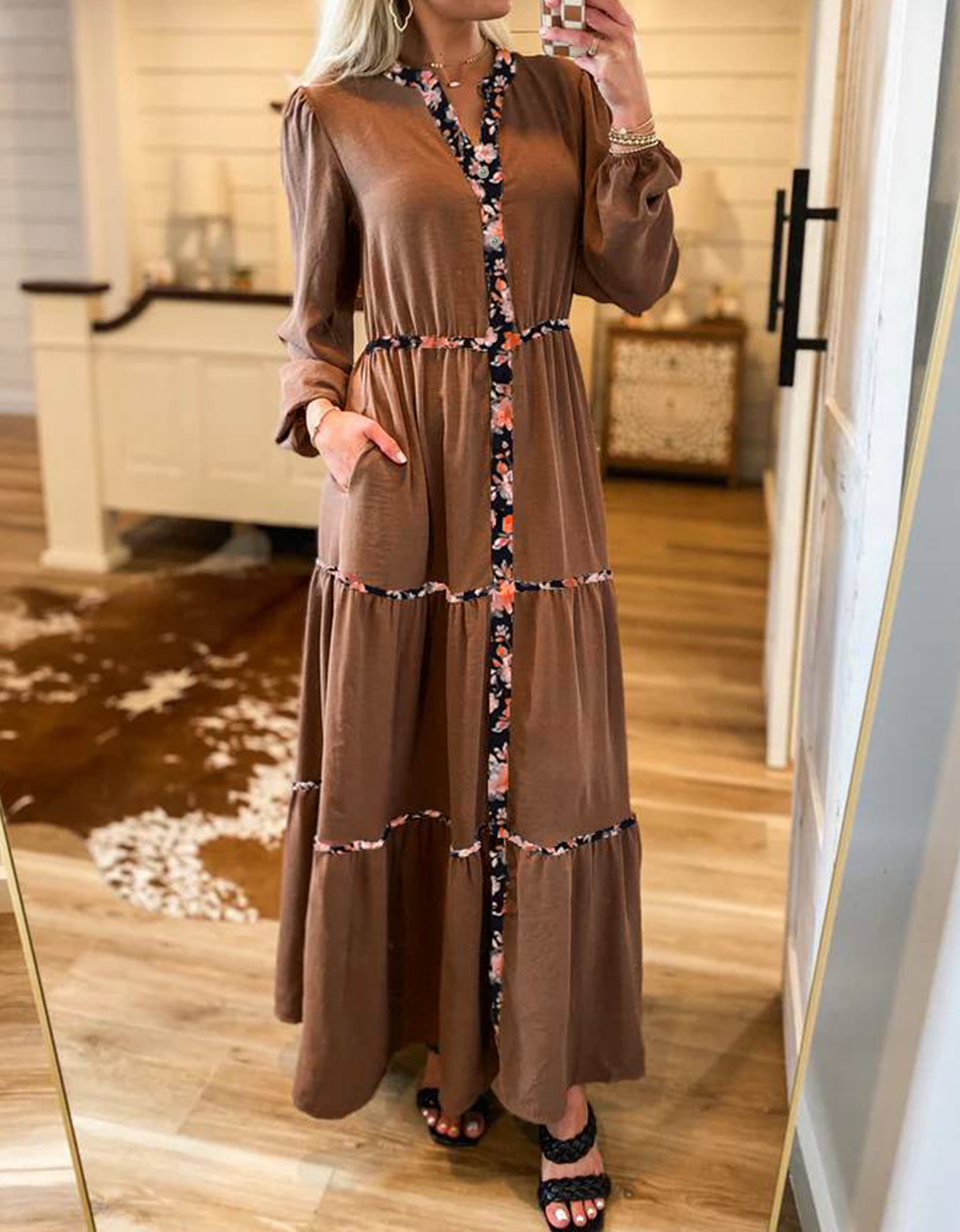 Floral Patchwork Detail Notched Neck Long Sleeve Maxi Dress