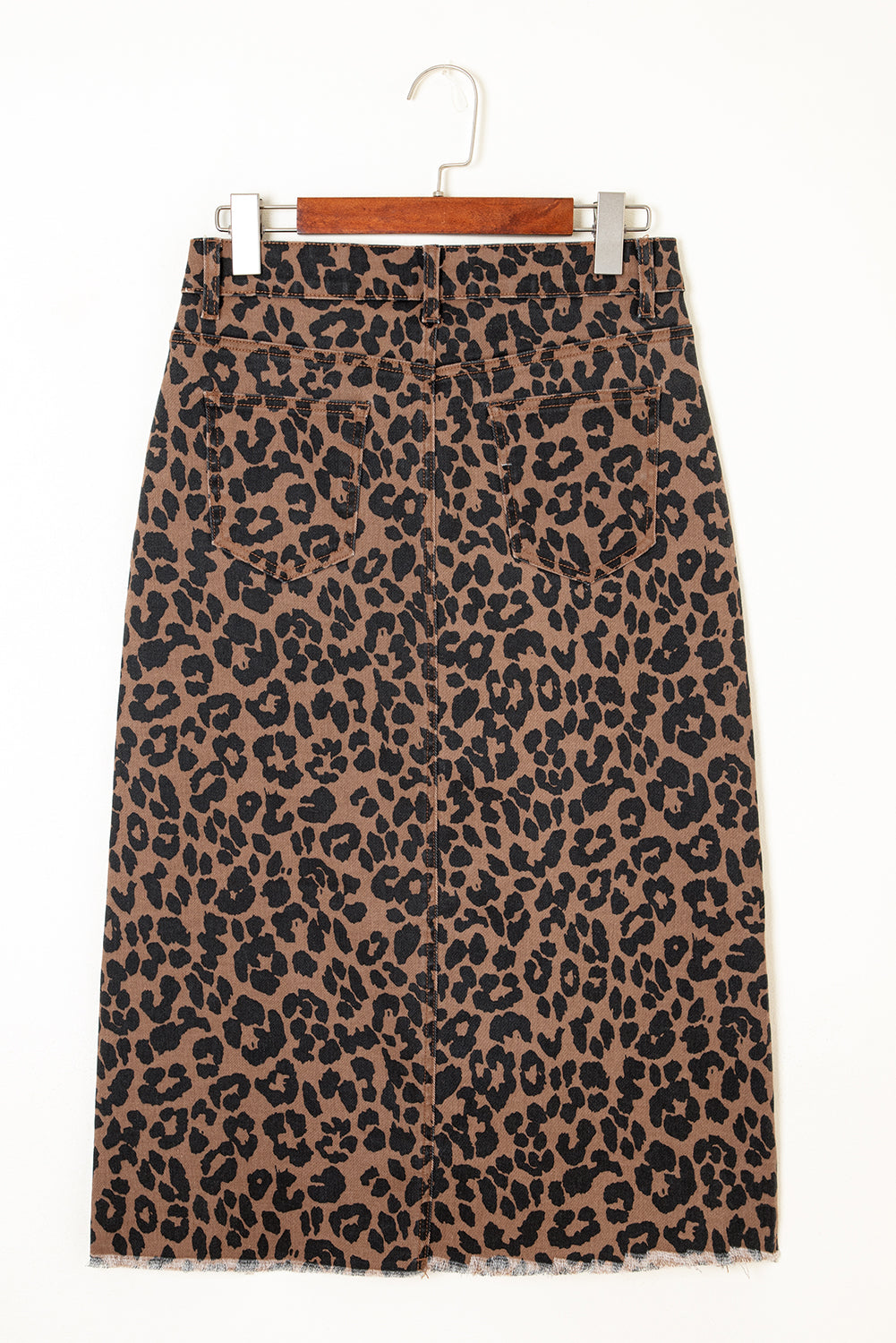 Leopard Denim Frayed Split Denim Midi Skirt