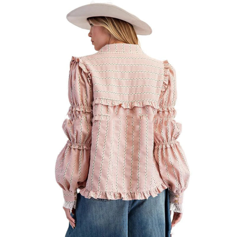 Women's Ruffled Long-sleeved Striped Shirt Jacket