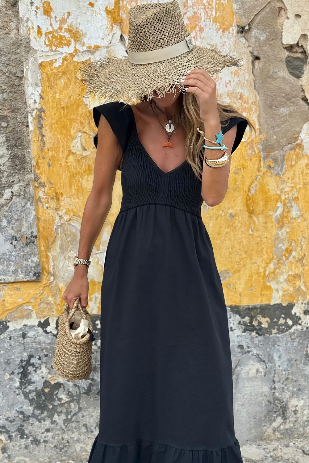 V Neck Flutter Sleeve Smocked Bodice High Waist Ruffle Maxi Dress