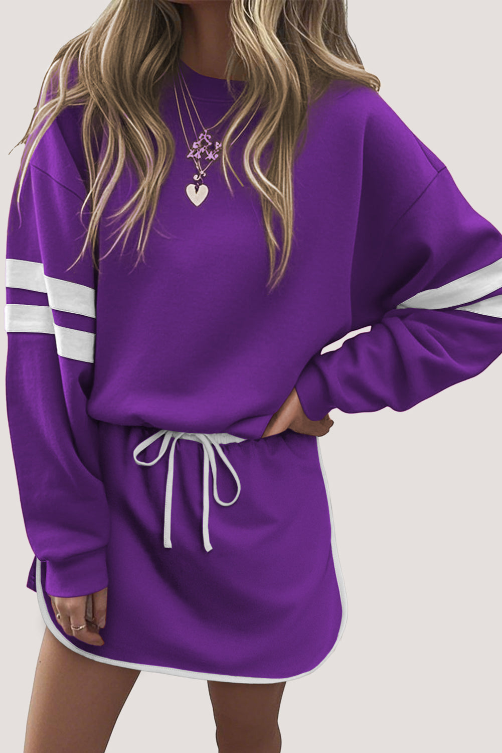 Varsity Stripe Detail Drop Shoulder Pullover Mini Skirt Set