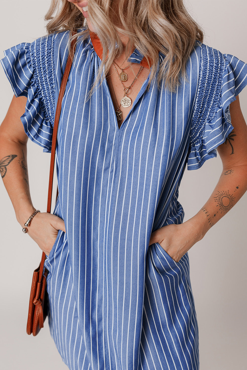 Frilly Split Neck Shirred Ruffle Sleeve Short Shift Dress