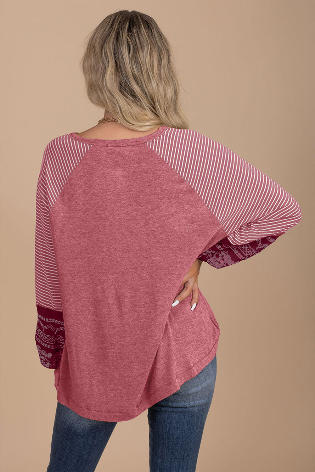 Contrast Print Striped Raglan Long Sleeve Loose Top