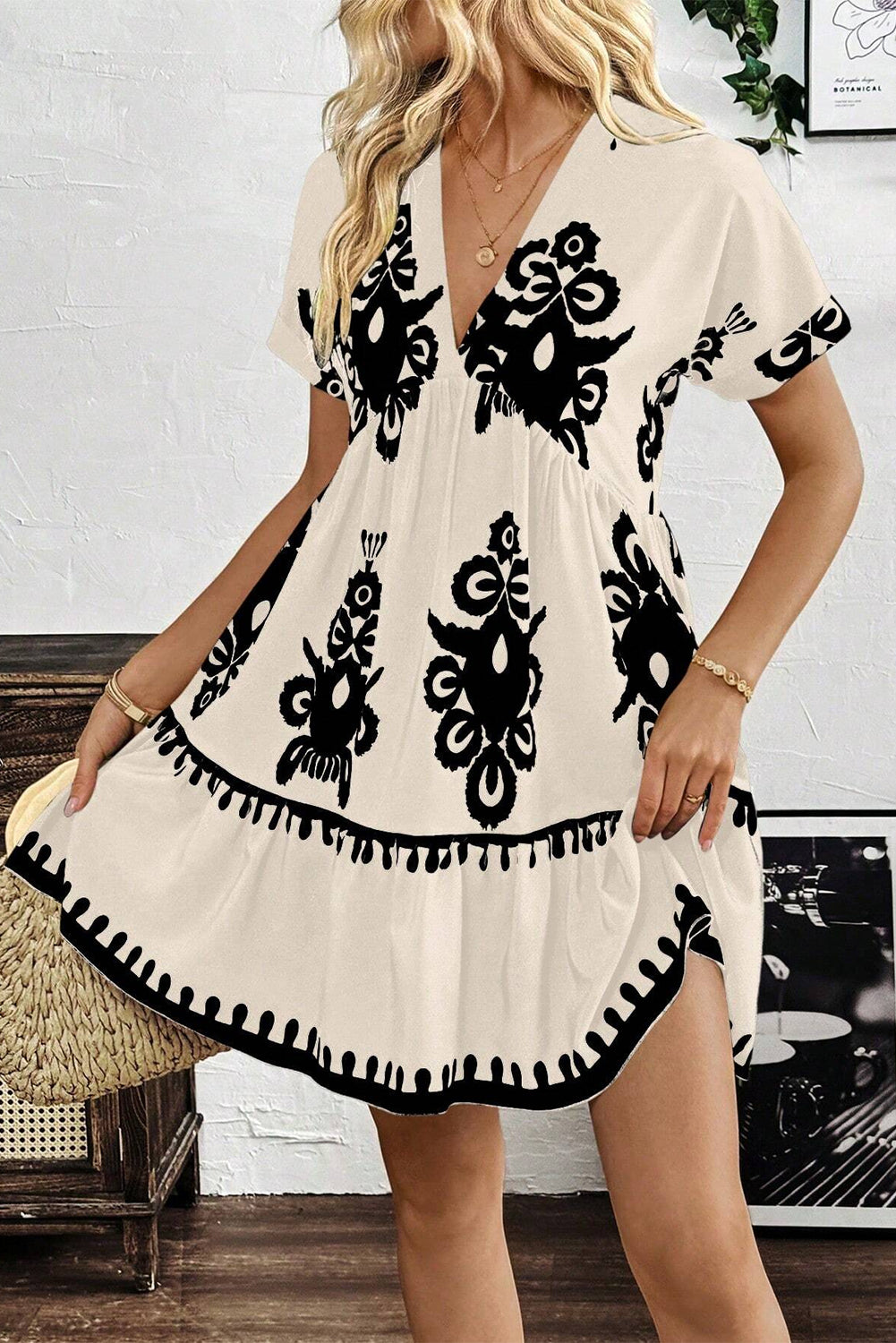 Vintage Print V Neck High Waist Short Sleeve Dress