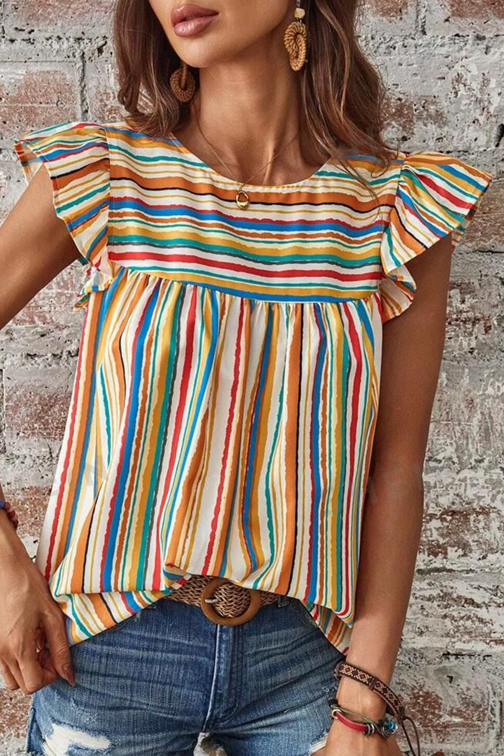 Vibrant Stripes Printed Flutter Sleeve Babydoll Blouse