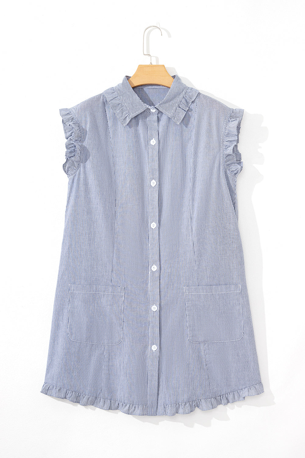 Frilled Sleeveless Collar Front Pocket Button Up Mini Dress