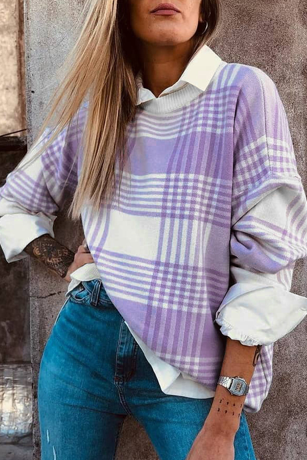 Plaid Print Ribbed Trim Loose Sweater