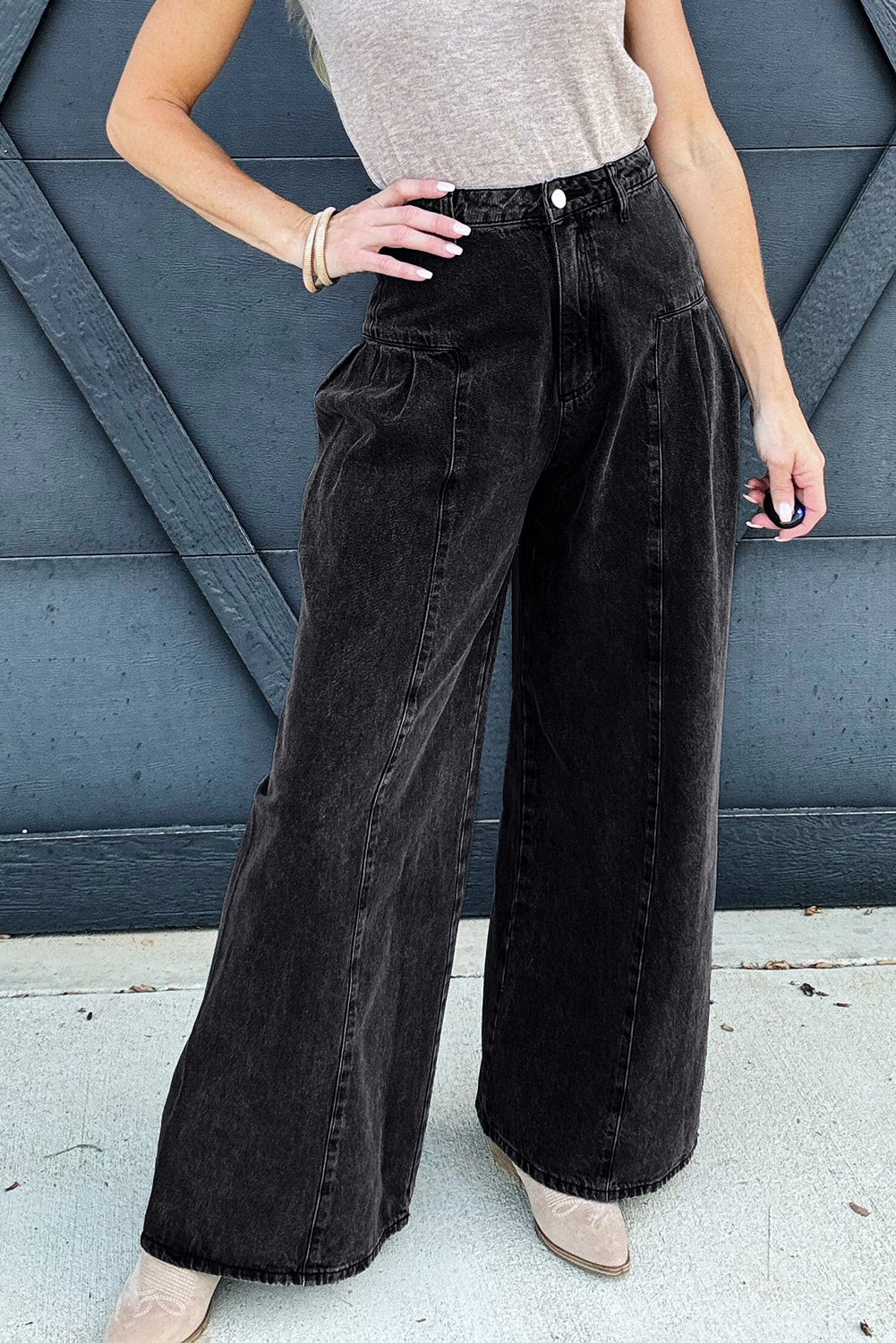 Pleated Wide Leg Mineral Wash Denim Pants