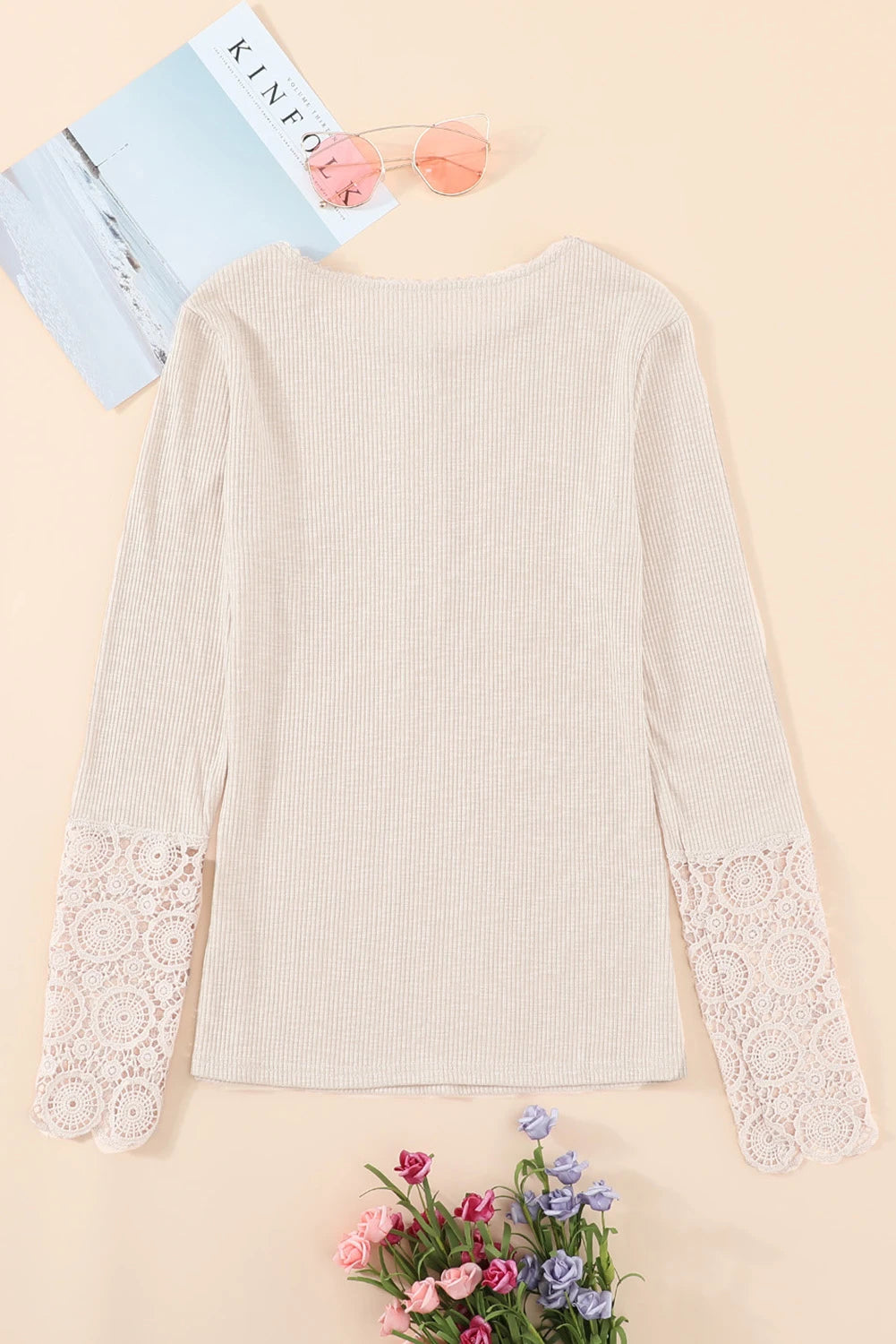 Lace Hem Sleeve Button Top