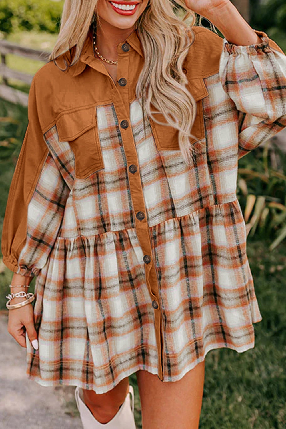 Plaid Color Block Patchwork Ruffle Hem Tunic Shirt Dress