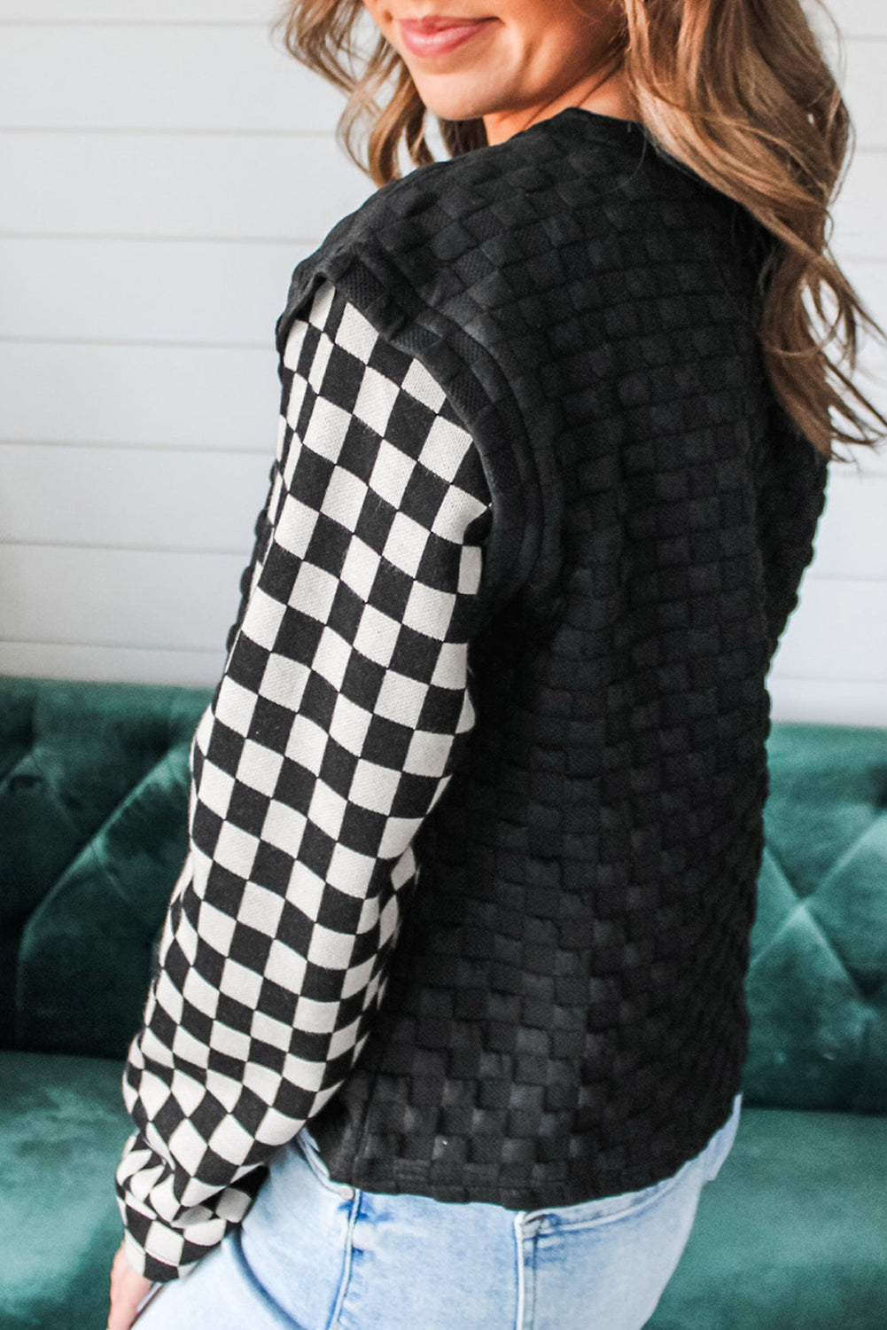 Plaid Textured Contrast Checkered Patchwork Long Sleeve