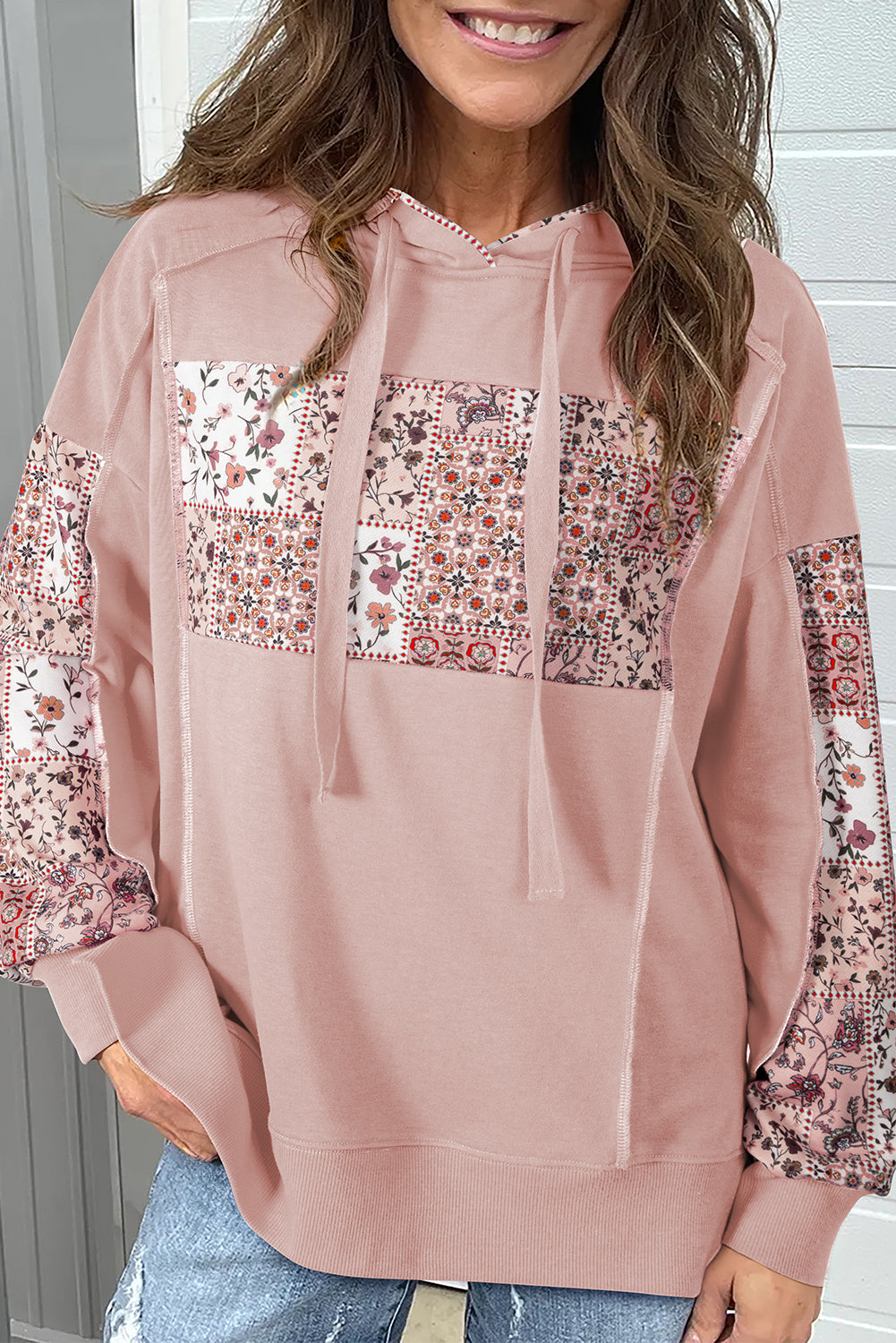 Mix Floral Patchwork Side Slit Drawstring Hoodie