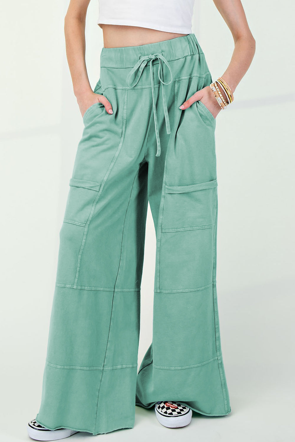 Mineral Wash Exposed Seam Drawstring High Waist Wide Leg Cargo Pants