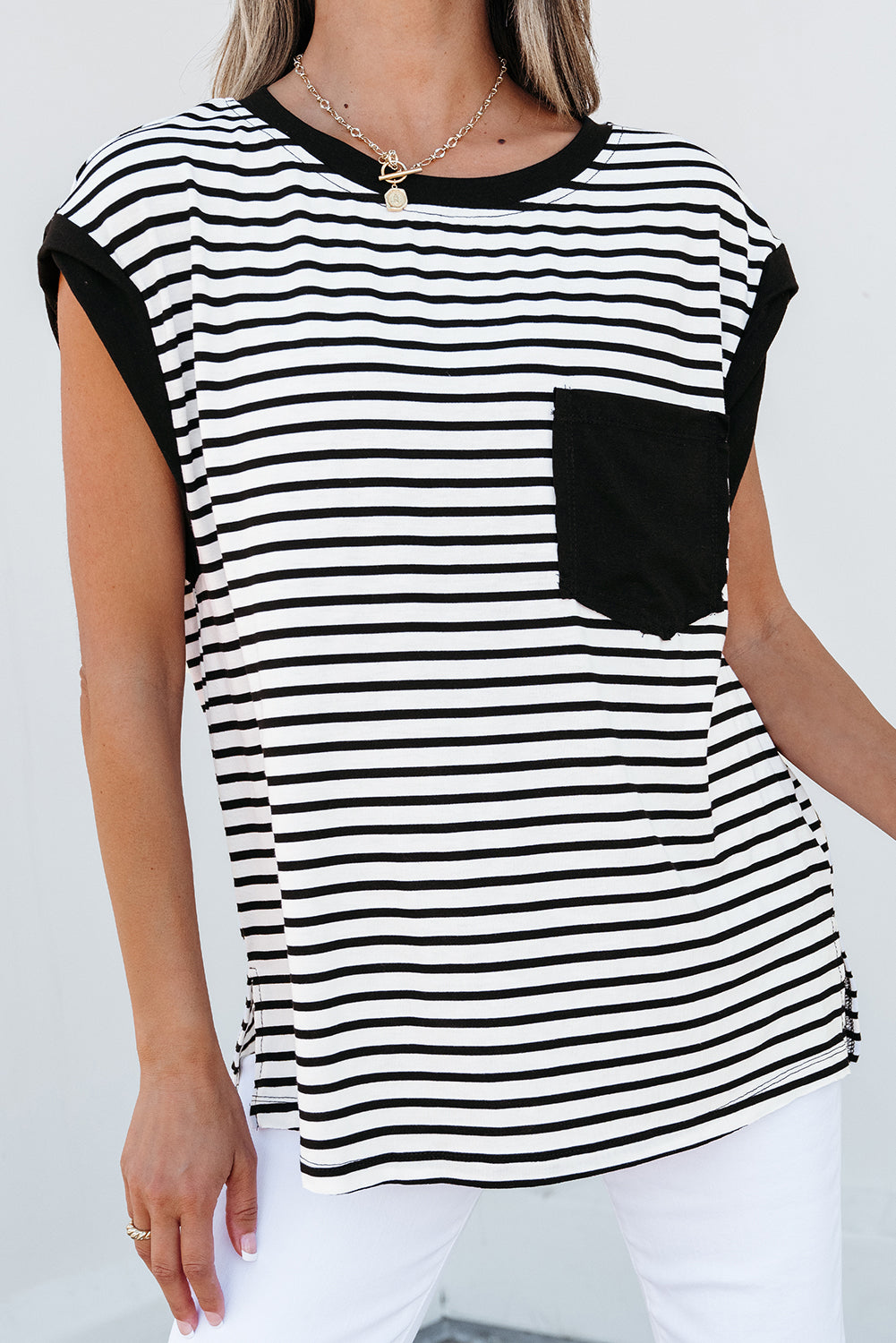 Chest Pocket Patch Round Neck Tank Top