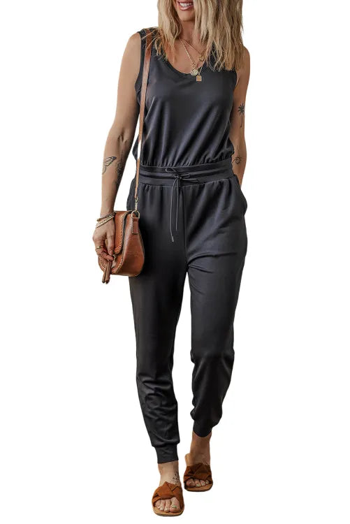 Black Casual Tank Style Tie Waist Pocketed Jogger Jumpsuit
