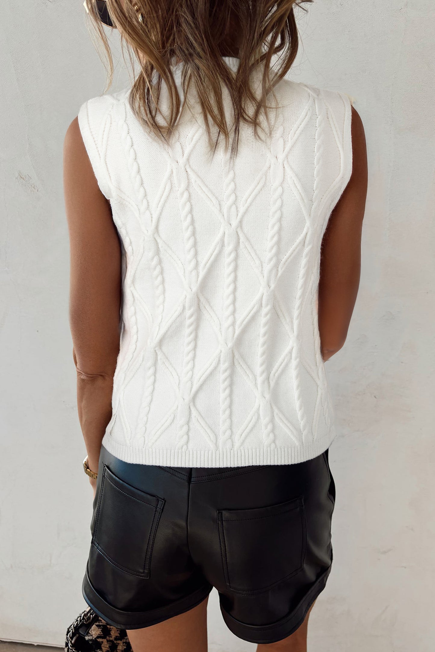 Pearled High Neck Textured Knit Sweater Vest