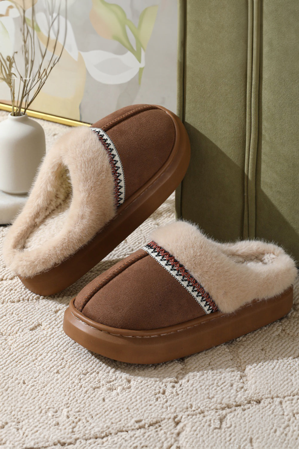 Western Woven Detail Faux Suede Furry Home Slippers