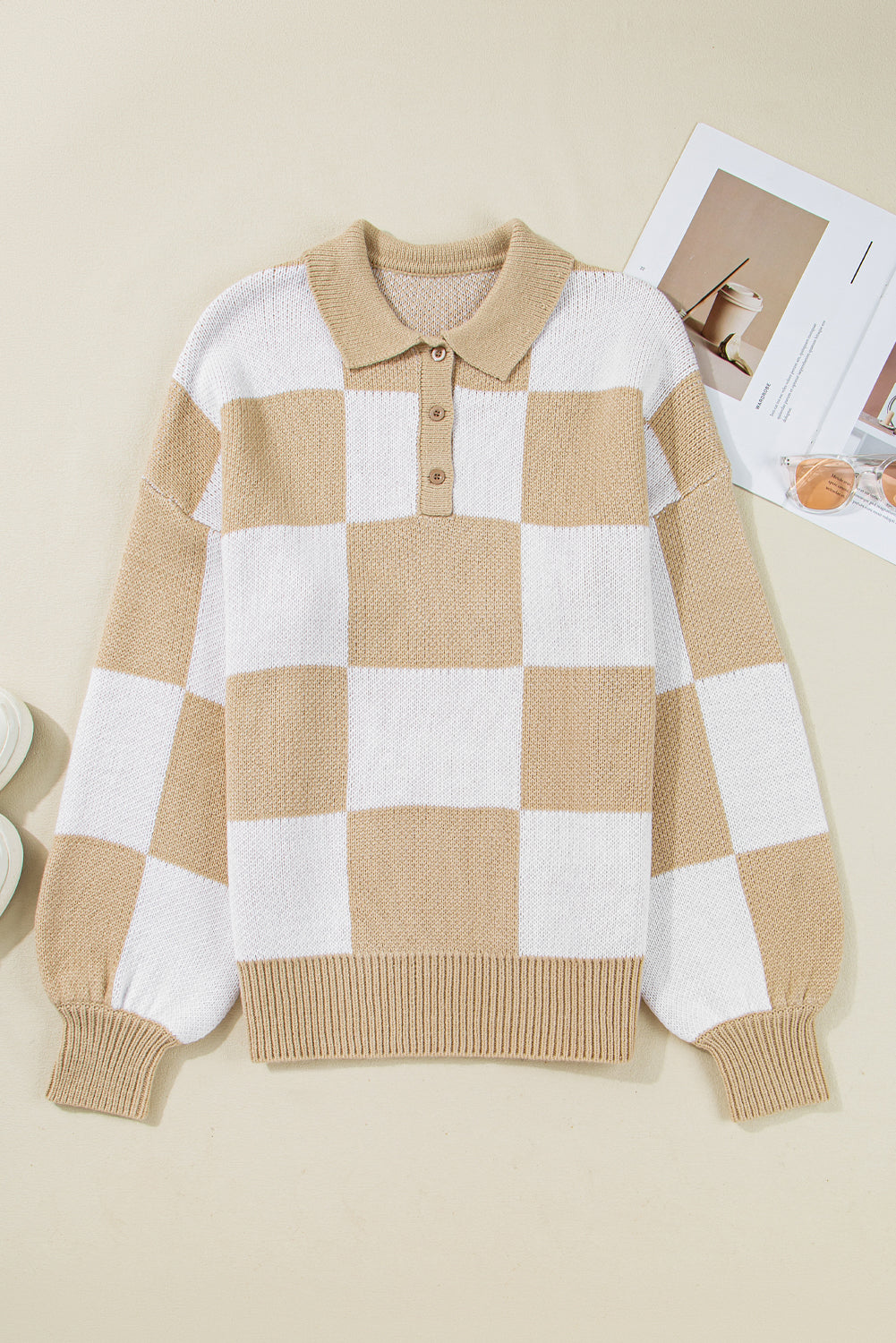 Checkered Pattern Polo Collar Loose Sweater