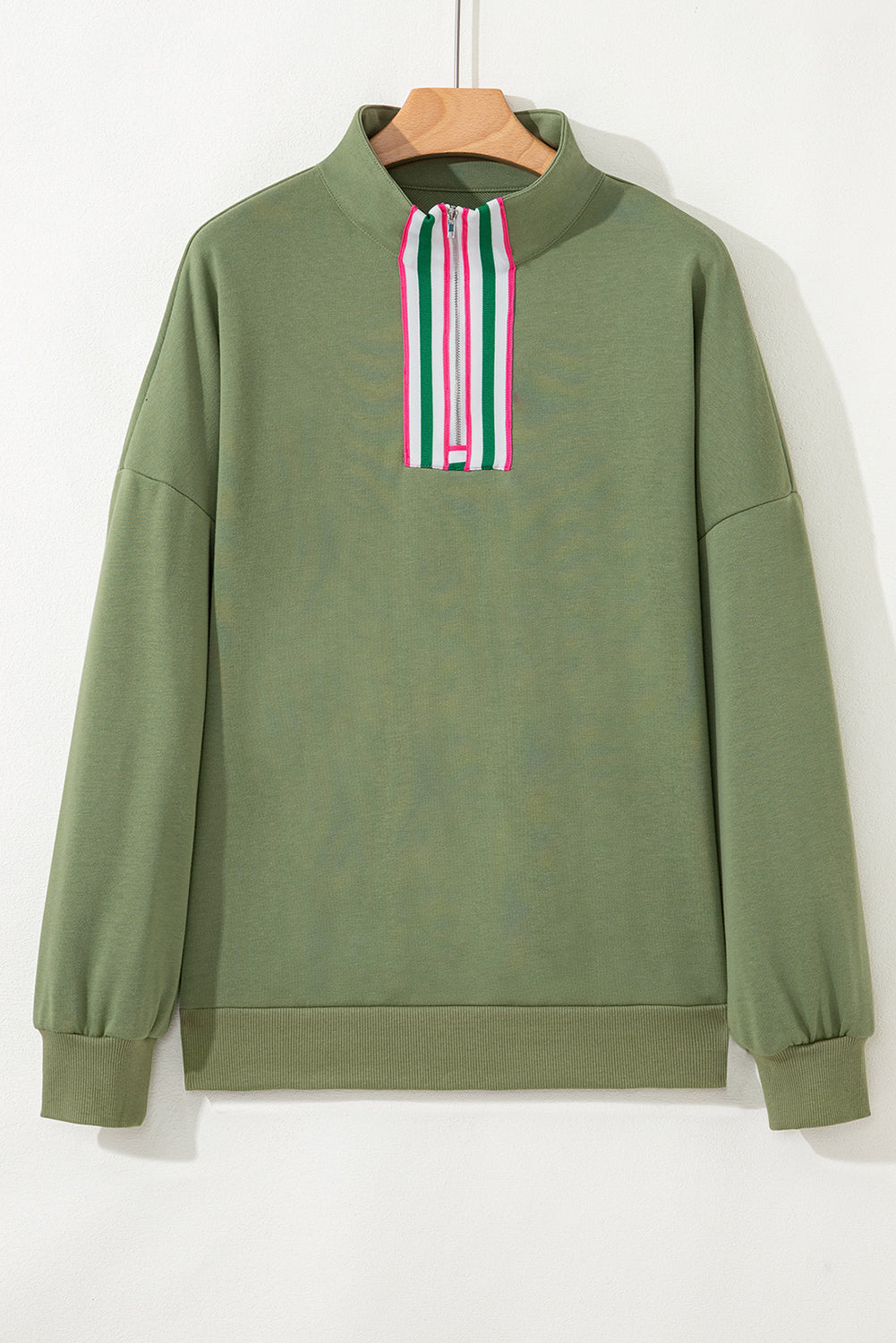 Striped Patchwork Zip Collar Pullover Sweatshirt