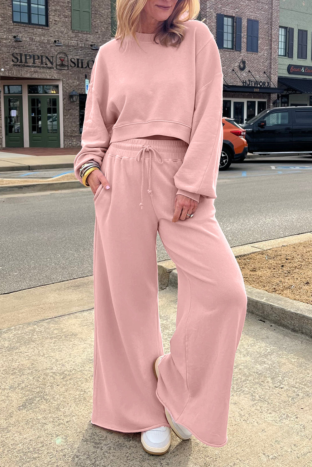 Drop Shoulder Puff Sleeve Crop Pullover Drawstring Wide Leg Pants Set