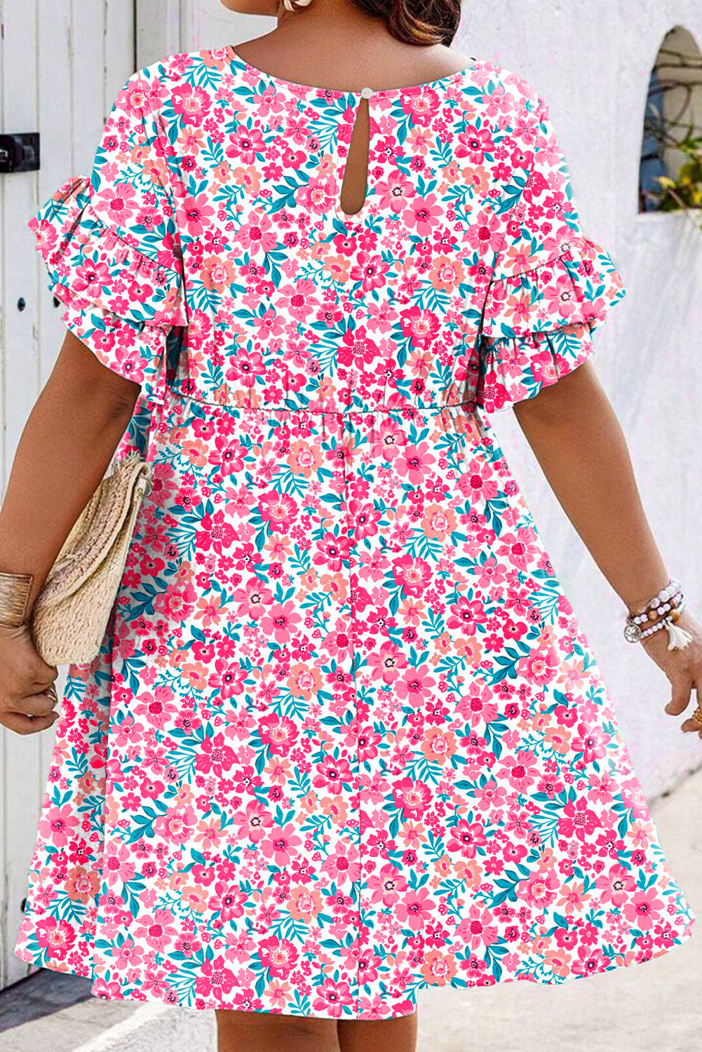 Plus Size Floral Print Frilled Short Sleeve Flare Dress
