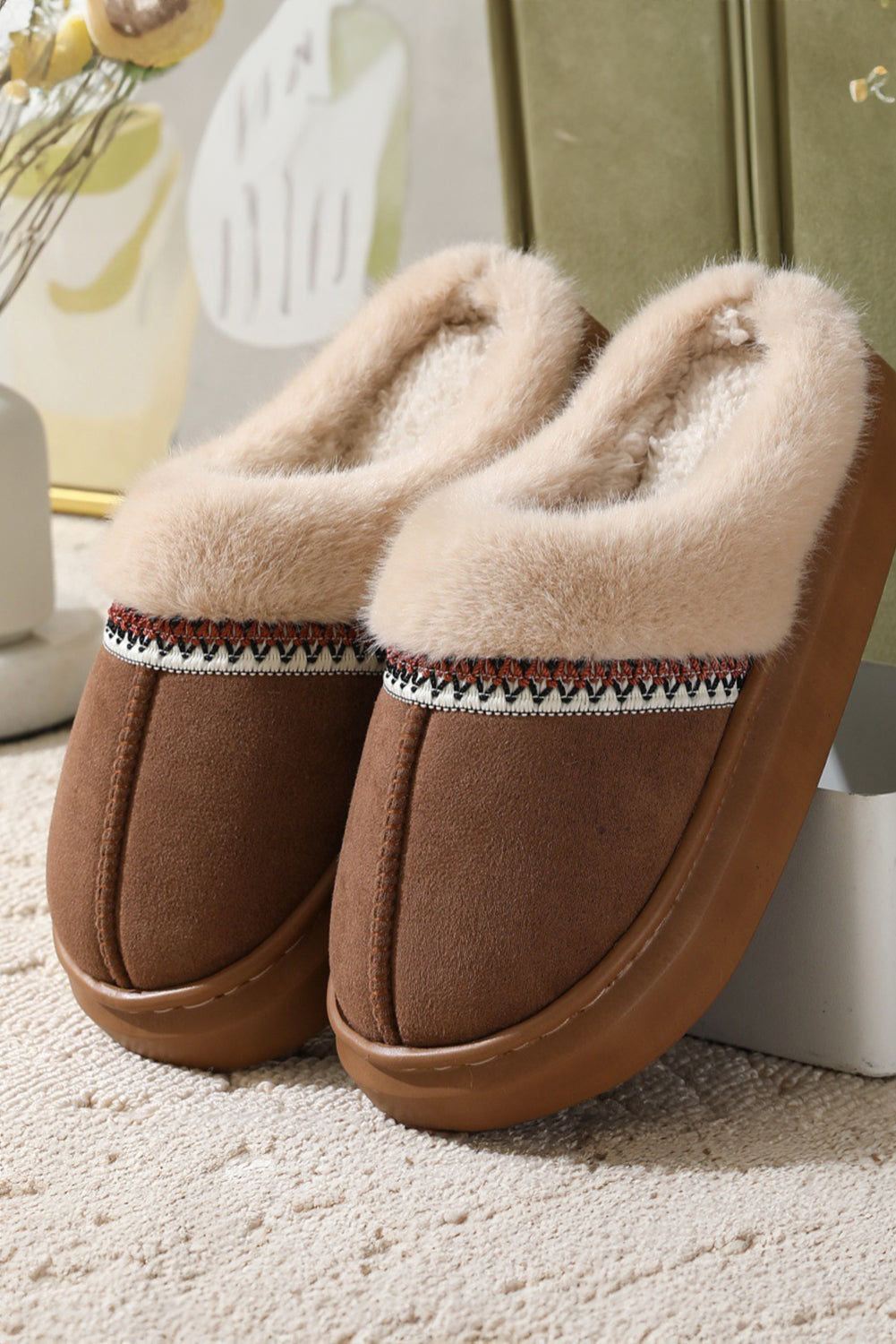 Western Woven Detail Faux Suede Furry Home Slippers