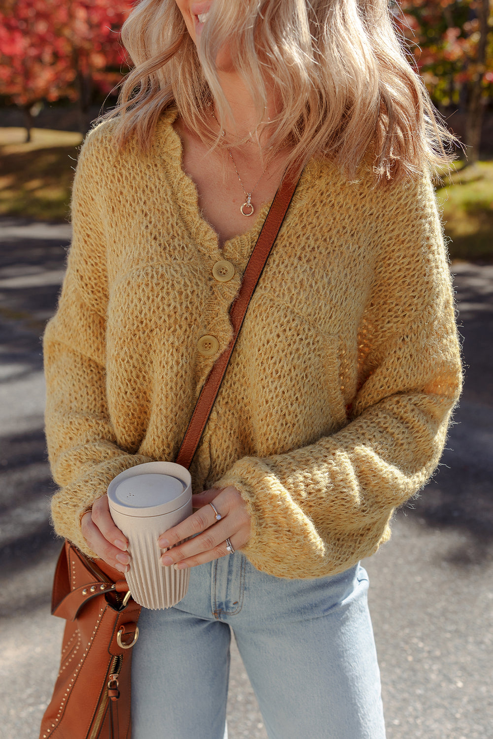Lantern Sleeve Scallop V Neck Buttoned Front Cardigan