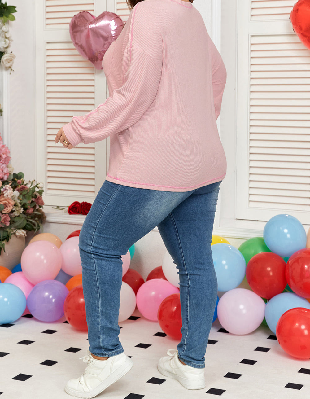 Ribbed Exposed Seam Round Neck Chest Pocket Plus Knit Top