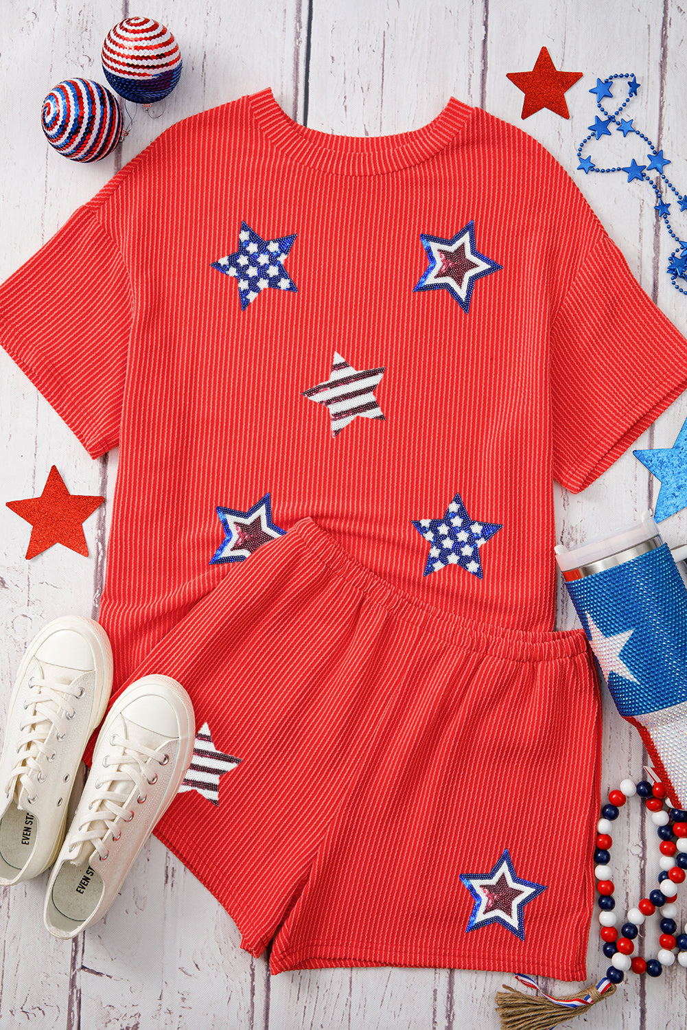 Sequin USA Flag Star Graphic Corded T Shirt and Shorts Set