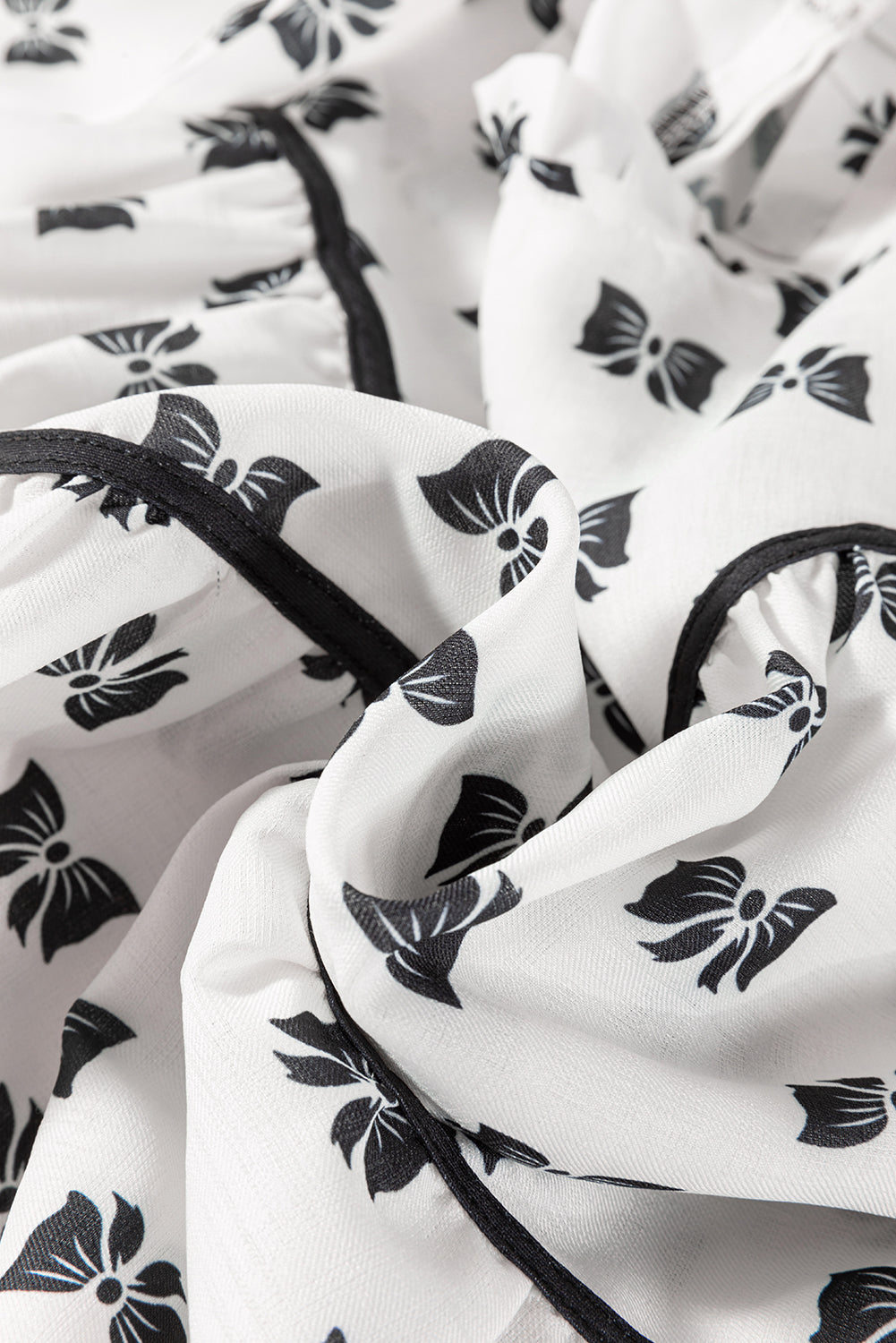 Bow Knot Print Piping Trim Ruffled Blouse