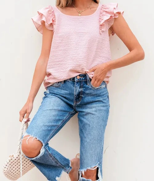 Pink Textured Bow Knot Frilled Butterfly Sleeve Blouse