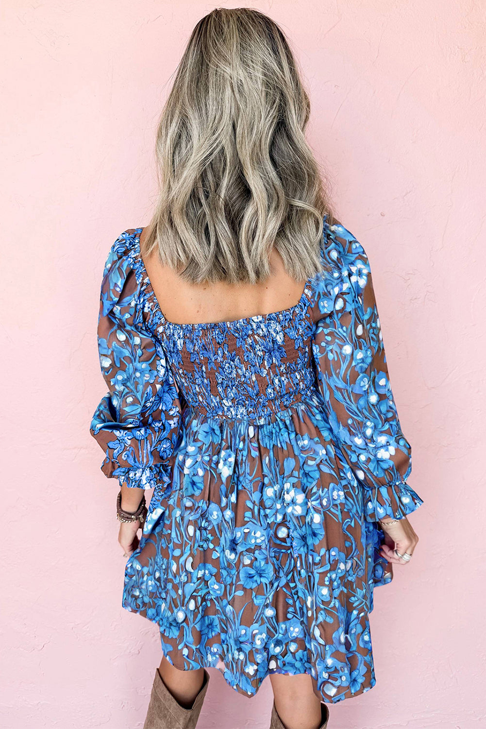 Smocked Bodice High Waist Ruffled Sleeve Floral Dress