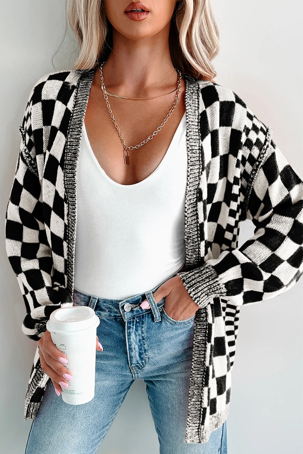 Checkered Open Front Drop Shoulder Cardigan