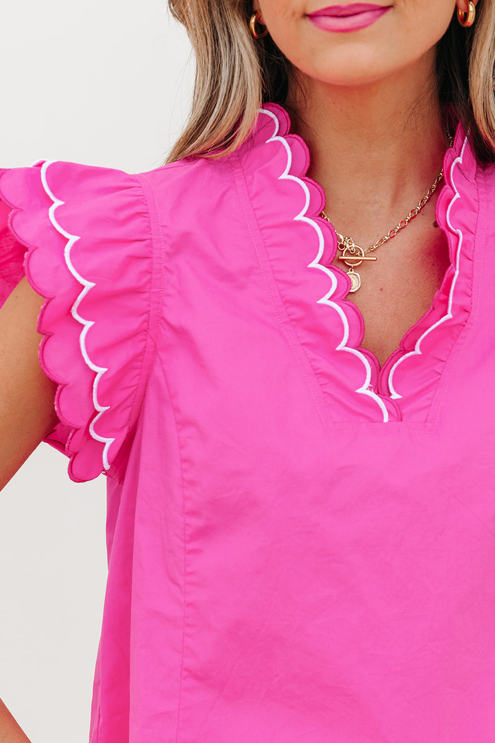 Contrast Scallop Trim Layered Short Sleeve V Neck Blouse