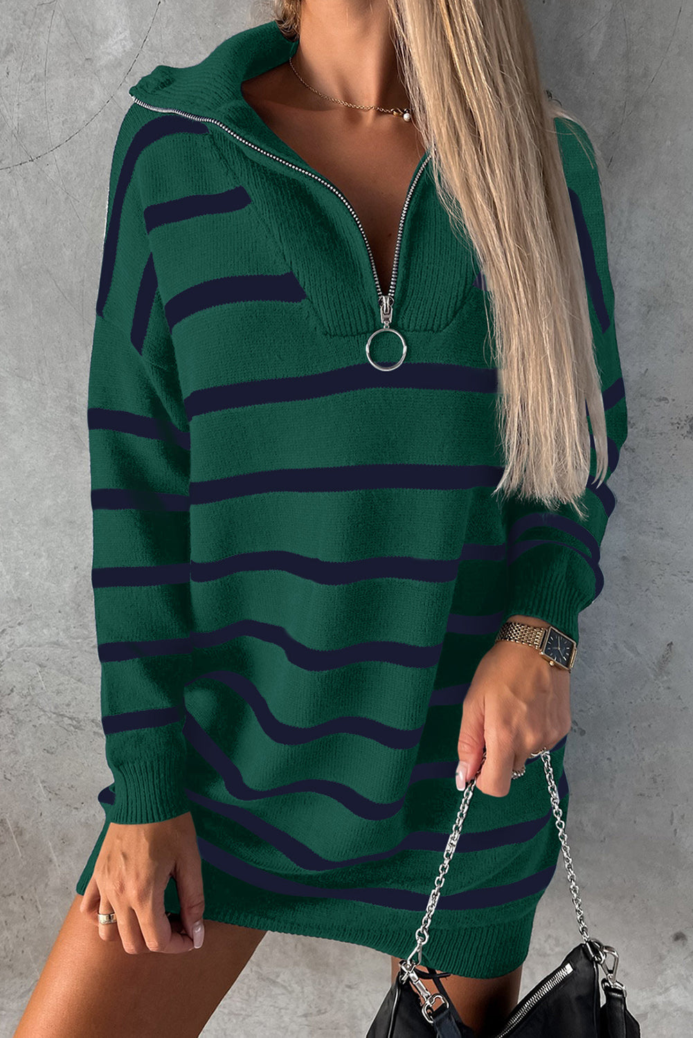 Striped O-ring Zip Collared Loose Sweater Mini Dress