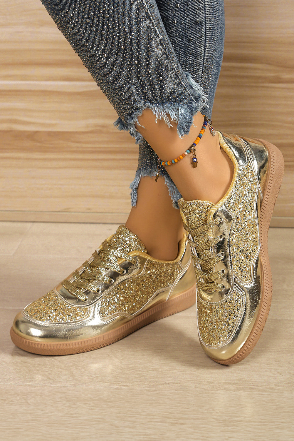 Glitter Lace Up Sequin Round Toe Flat Shoes