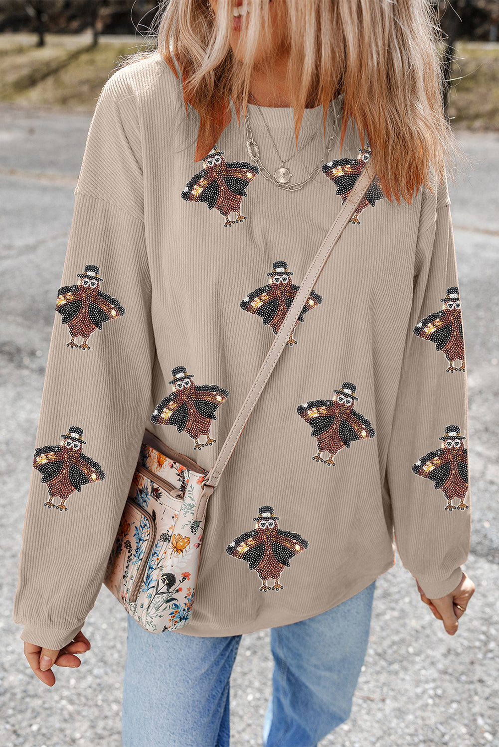 Twisted Ribbed Sequined Thanksgiving Turkey Graphic Baggy Sweatshirt