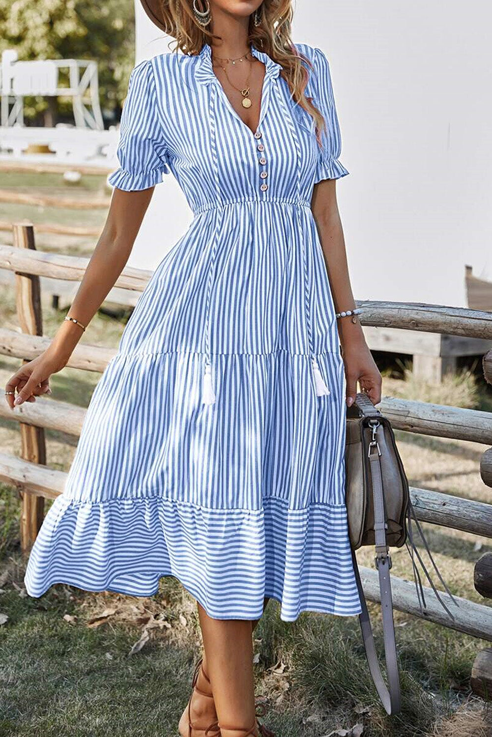 Button Tassel Tie Detail Frilled Short Sleeve Flared Midi Dress