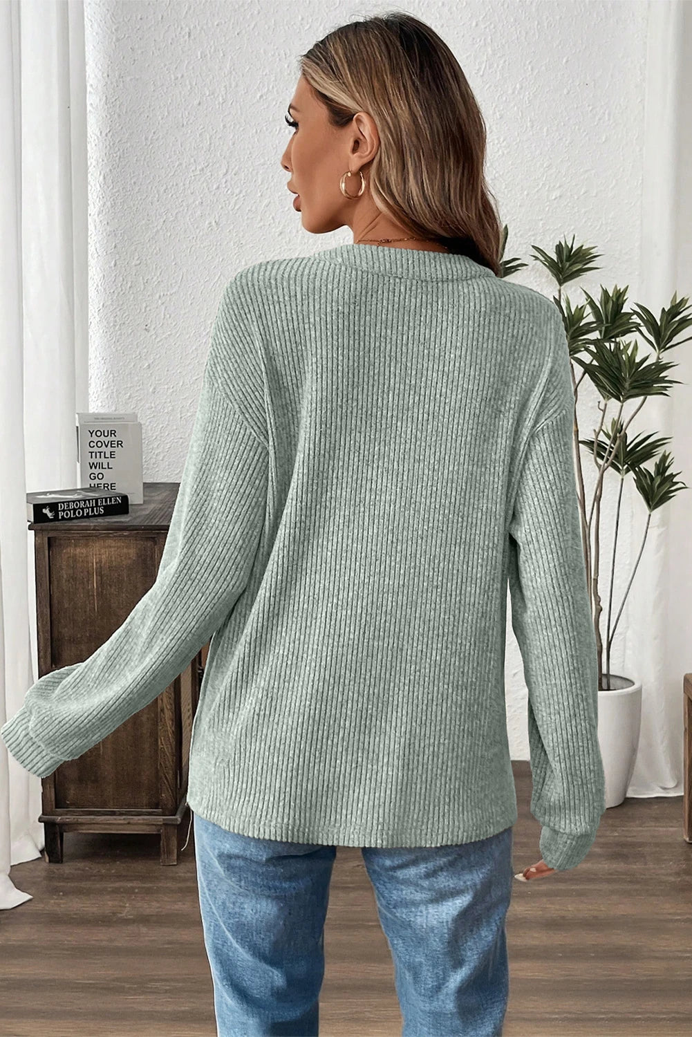 Texture Drop Shoulder Henley Knit Top