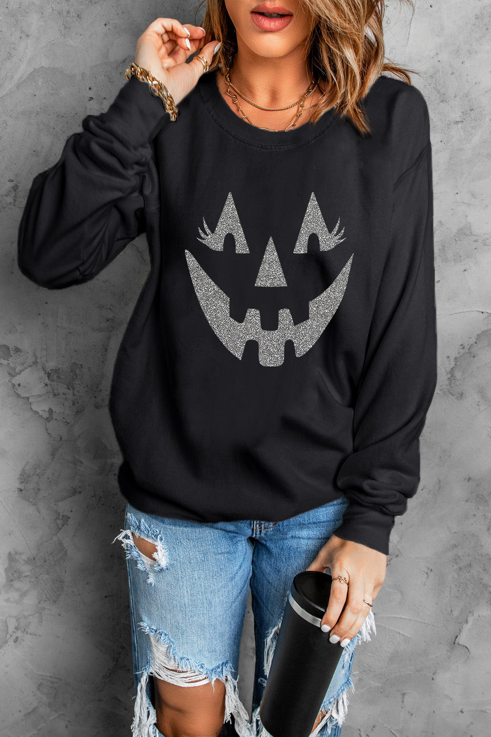 Spooky Face Printed Halloween Fashion Baggy Sweatshirt