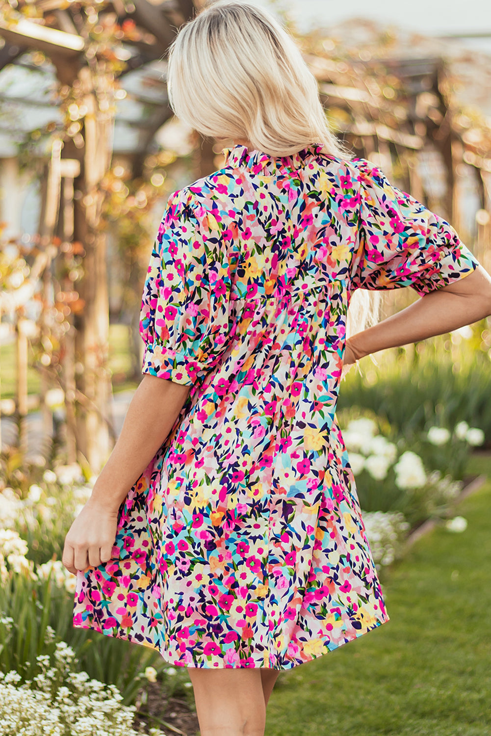 Floral Puff Short Sleeve V Neck Mini Dress
