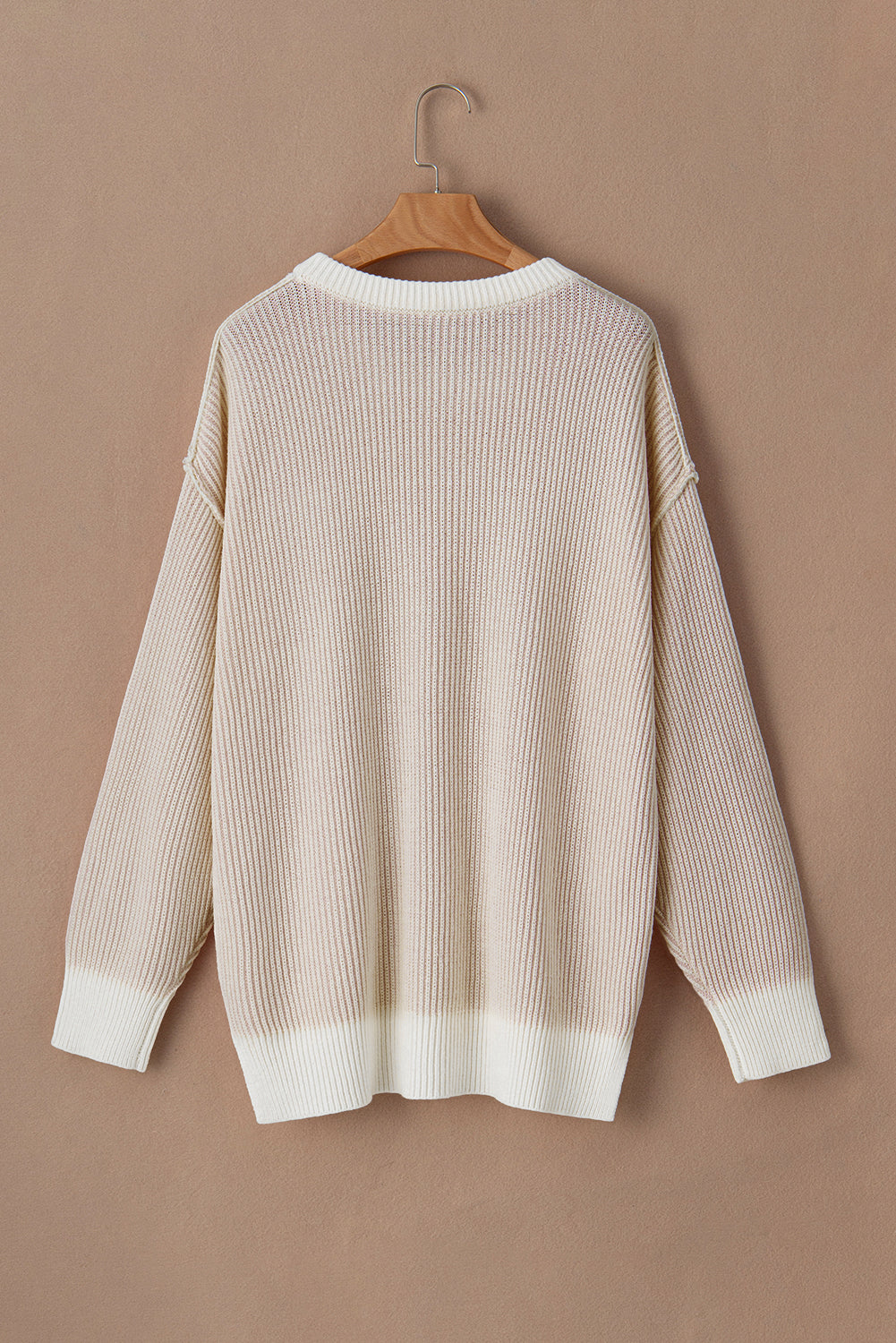 Plus Size Contrast Trim Crew Neck Rib Knit Drop Shoulder Sweater