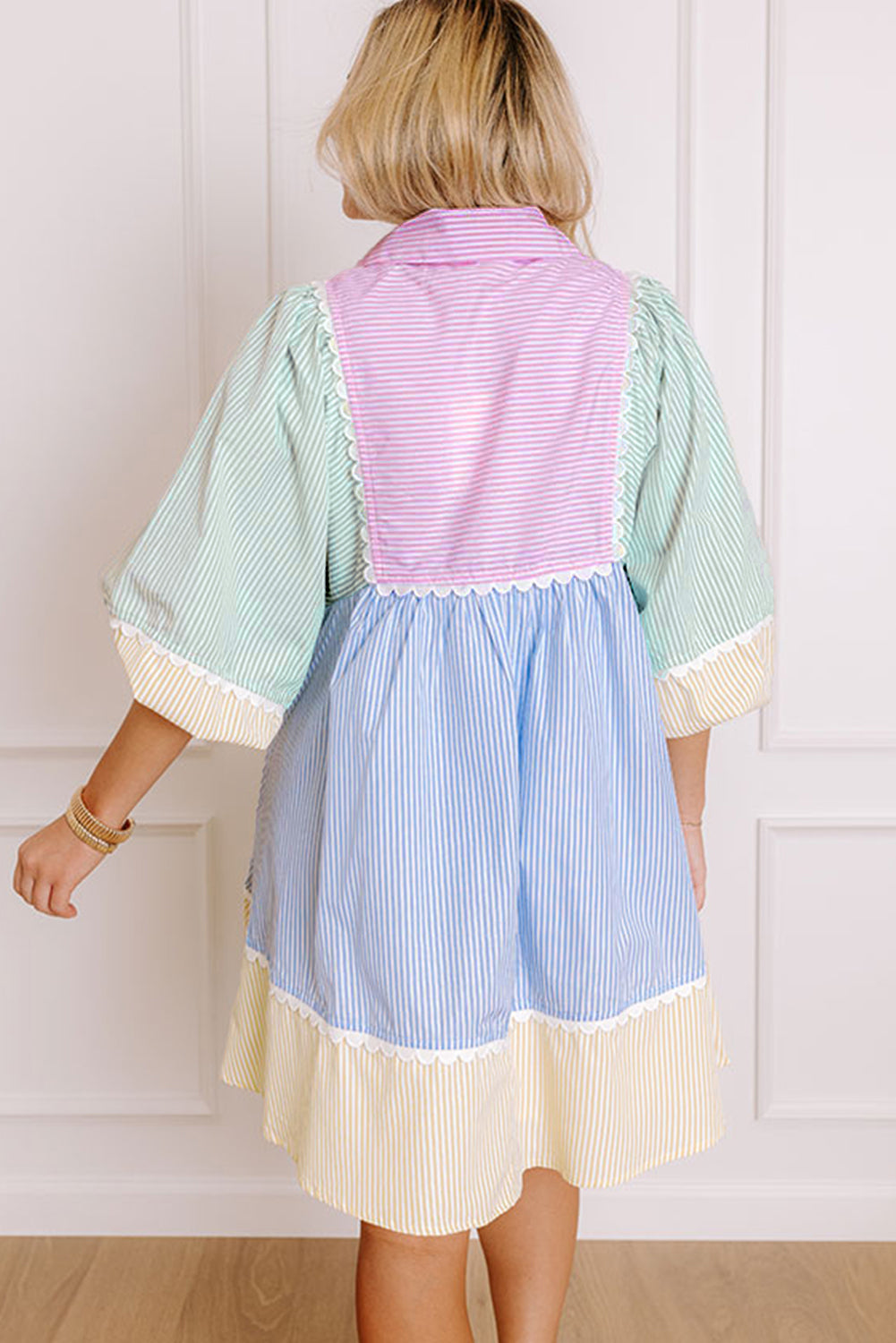 Striped Patchwork Ric Rac Puff Sleeve Collared Mini Dress