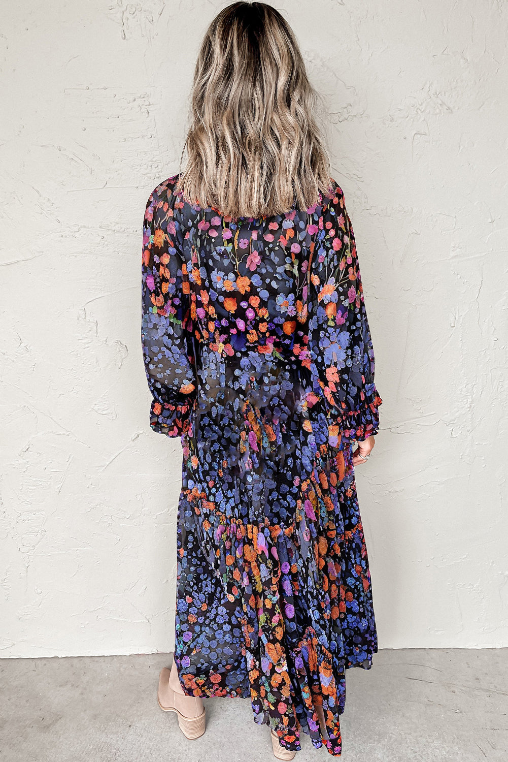 Tassel Tie V Neck Long Sleeve Flowy Long Dress