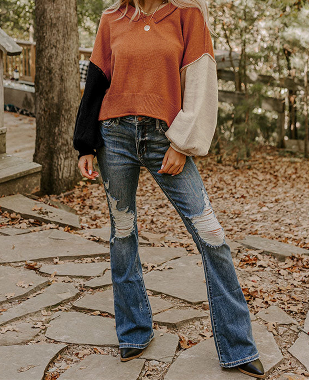 Colorblock Raw Edge Bubble Sleeve V Neck Sweater